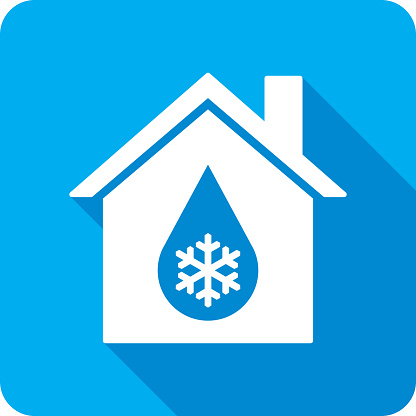 Vector illustration of a house with water drop with snowflake icon against a blue background in flat style.