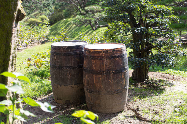 Oak barrel brown with metal hoops stock photo