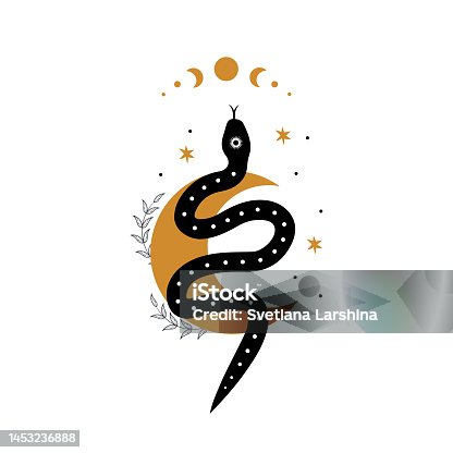 istock Magic snake in boho style with moon. Mystical symbol in a trendy minimalist style. Esoteric vector illustration 1453236888
