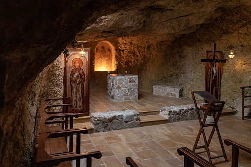 Hararit, Israel, October 28, 2022 : The altar of the main hall in the Cave Church - Lavra Netofa monastery, near the Hararit village, in northern Israel