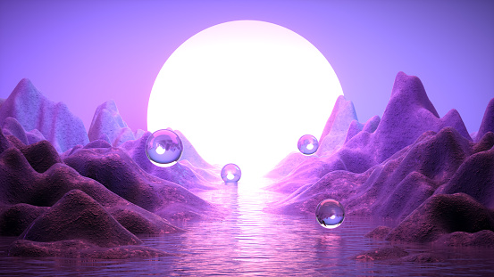 Neon Mountains with Water Futuristic Landscape Metaverse Concept, 3d render.