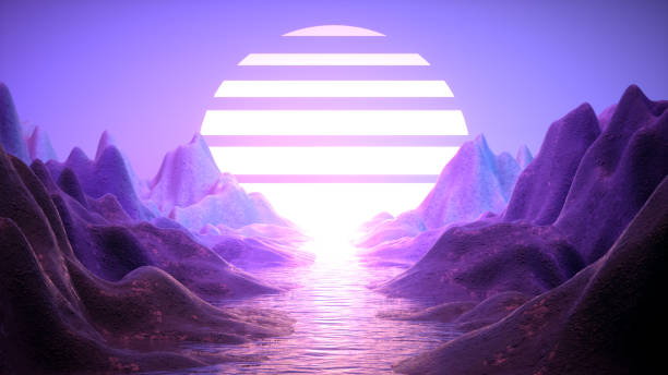 istock Neon Mountains with Water Futuristic Landscape Metaverse Concept 1453238100
