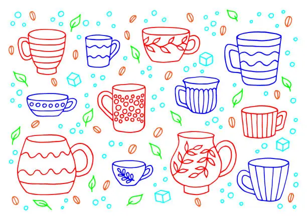 Vector illustration of Hand drawn cup mug. Set of cups in doodle style. Vector illustration isolated on white background.