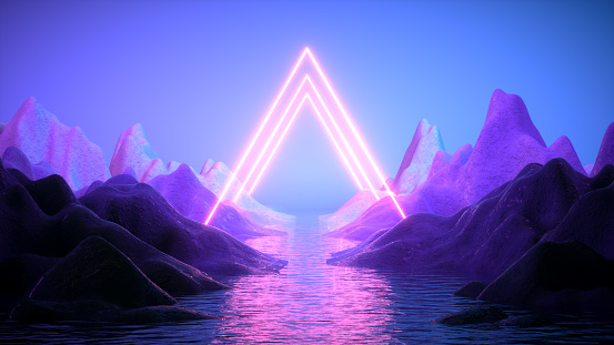 Neon Lighting Shapes with Mountains and Water Futuristic Landscape Metaverse Concept