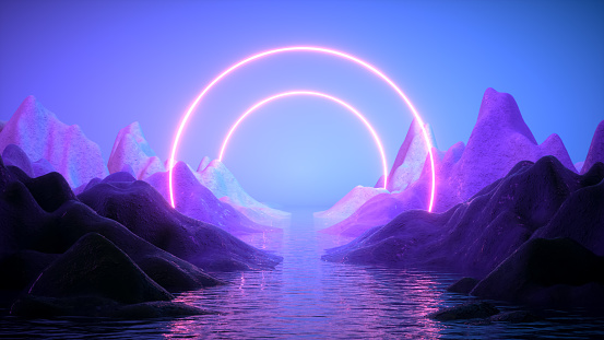 Neon Lighting Shapes with Mountains and Water Futuristic Landscape Metaverse Concept, 3d render.