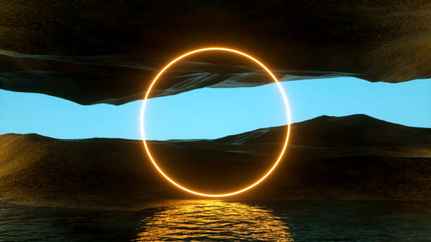 istock Neon Lighting Frames with Mountains and Water Futuristic Landscape Background 1453240195