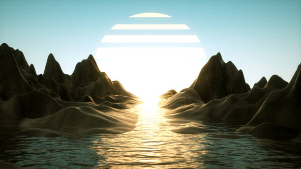 Mountains with Sea Futuristic Landscape Sunset Background, 3d render.