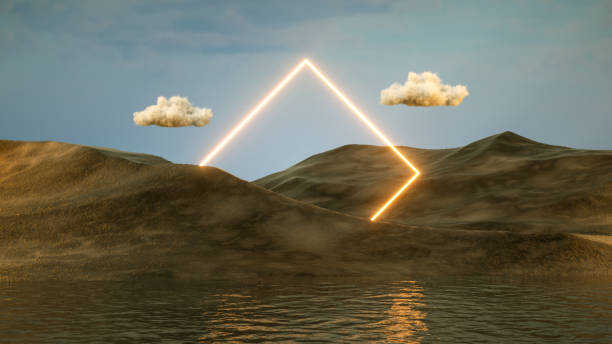 istock Neon Lighting Frames with Mountains and Water Futuristic Landscape Background 1453240274