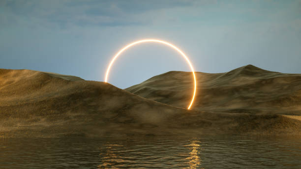 istock Neon Lighting Frames with Mountains and Water Futuristic Landscape Background 1453240279