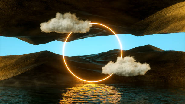 istock Neon Lighting Frames with Mountains and Water Futuristic Landscape Background 1453240283
