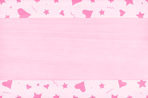 Horizontal vector illustration of grunge effect faded look baby pink colored background. A pattern of stars, hearts confetti and swirls in darker shade as top and bottom bands like a border of plain centre. Simple, pure, celebratory love theme wallpaper. Apt for backgrounds or templates related to Xmas, Valentine's Day, weddings, marriages, Anniversary and 14th February.