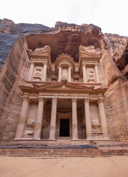 Close up view of the Treasury (Al Khazneh) at the ancient city of Petra in Jordan stock photo