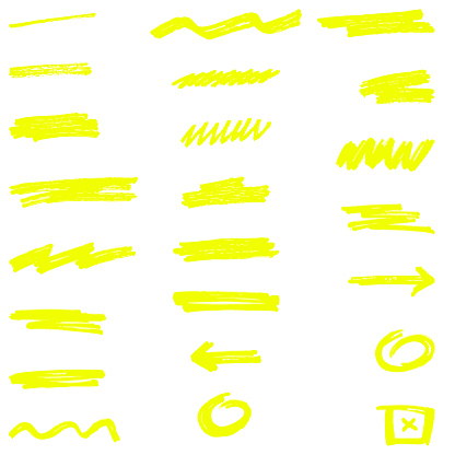 Yellow Highlighter Brush Lines in Vector. Hand Drawing Brushes.
