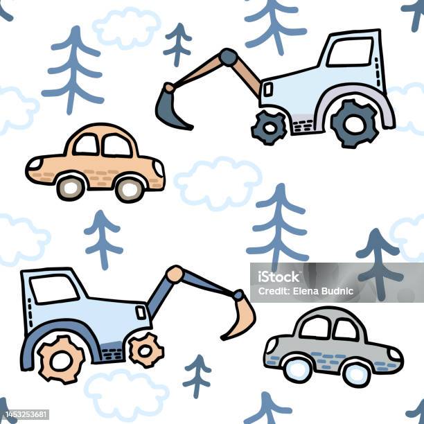 Pattern Drawing Vehicles Hand Drawing Vehicles Print Design Seamless Vector Image Blue Stock ...