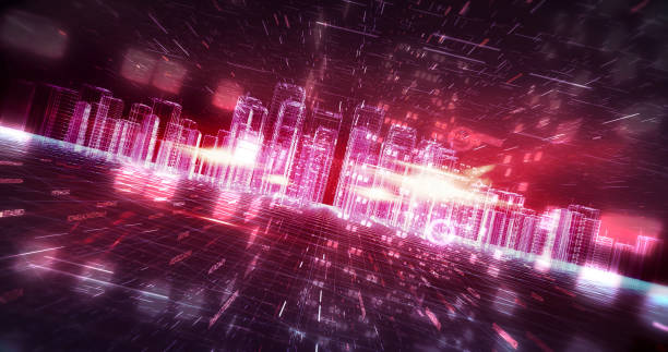 istock 3D high tech futuristic city flight animation. Digital smart city. 1453253718