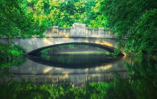 A beautiful shot of a creek bridge over a lake in the Cherokee Park