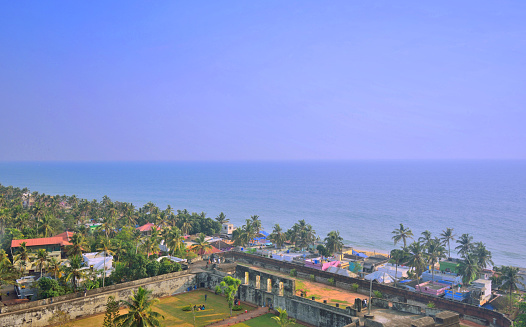 Aerial view of sea from Anchuthengu lighthouse in Kerala.