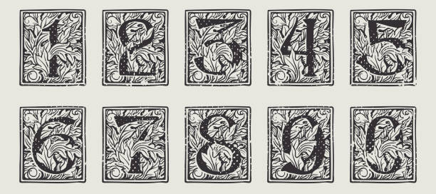 Numbers set drop caps in engraved medieval style. Perfect for vintage premium identity, Middle Ages posters, luxury packaging 4 letter monogram stock illustrations