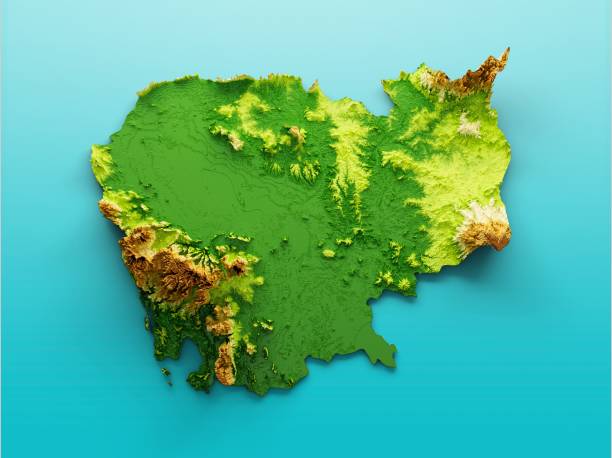 istock 3d rendering of Cambodia Map Shaded relief on blue background 1453259309