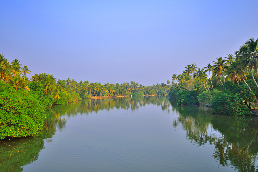 Scenic view of Parvathy Puthanaar canal in Anchuthengu, a coastal town in the Thiruvananthapuram District