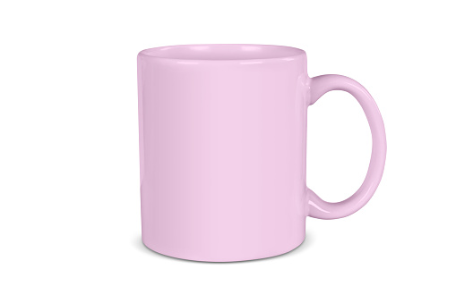 Closeup of pink coffee cup resting on a white background. Includes clipping path around the mug.