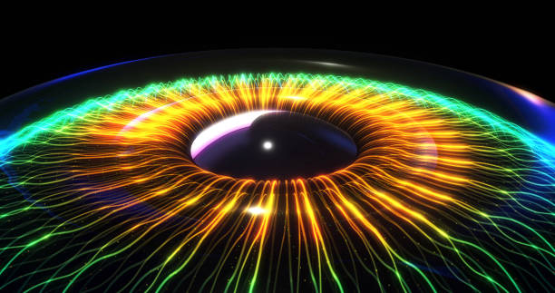 humanoidalne oko sztucznej inteligencji nowej generacji utworzone przez światłowody. - human eye color image multi colored eyesight zdjęcia i obrazy z banku zdjęć