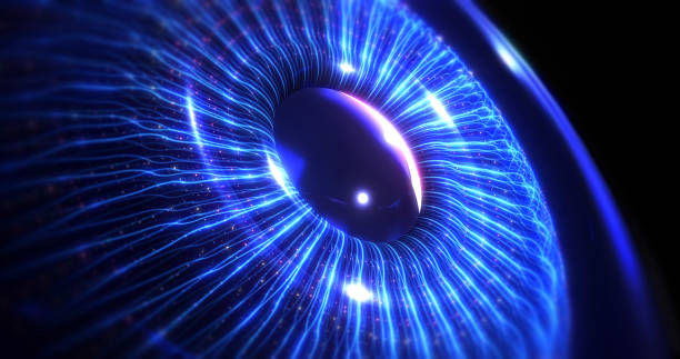 istock Optical fibers forming 3d blue human eye. Artificial intelligence concept. 1453261762