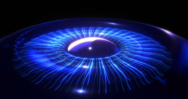 istock Next generation artificial intelligence humanoid blue eye formed by fiber optics. 1453261813