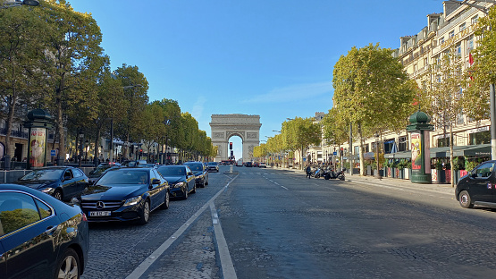 Champs-Élysées, Paris, France - October 7, 2022: Road to Arc De Triomphe.