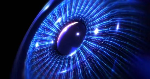 Photo of Digital artificial intelligence blue human eye formed by fiber optics.