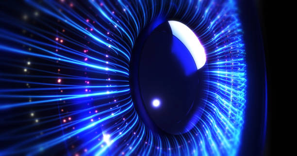 istock Abstract blue human eye iris explosion. Colorful optical lines forming iris. 1453262678