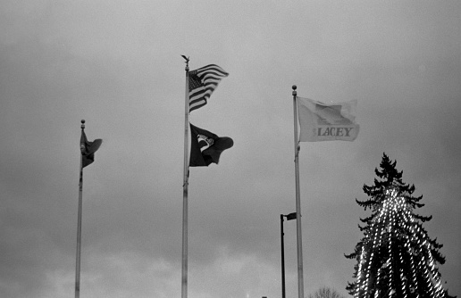Lacey, United States – December 20, 2021: A low angle of US Washington POW and City of Lacey flags in front of a lighted Christmas tree in grayscale