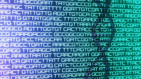 The shadow of DNA double helix strand on ATCG molecular bases
