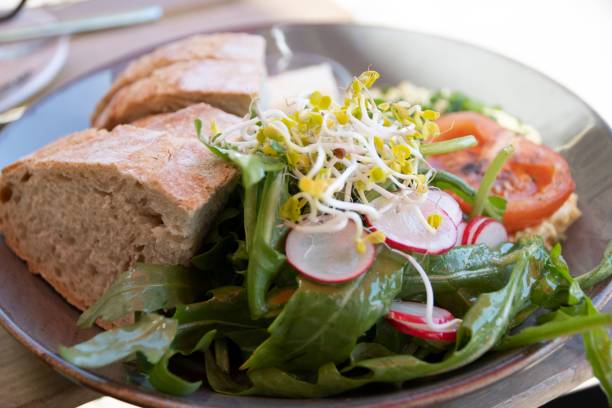 istock Generic vegan, plant-based salad with tomato, bread and radish. 1453268734