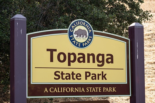 Topanga, United States – July 22, 2022: The Topanga State Park sign located near Los Angeles, California