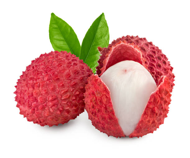 istock Fresh lychee with leaves isolated on white background. clipping path 1453273944