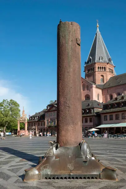 The Heunensäulen are circular columns of sandstone that were made 1000 years ago for the Mainz Cathedral, Mainz, Germany