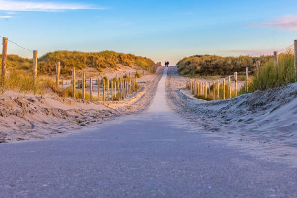 Couple at dune crossing on the beach, Hoek of Holland, the Netherlands Couple walking on the path of bollard-lined sandy dune crossing near the beach in late evening light with blue sky, Hoek van Holland, Netherlands. High quality photo all weather running track stock pictures, royalty-free photos & images