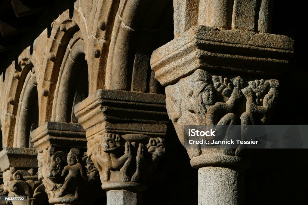 La Seu d'Urgell, Cathedral of Saint Mary of Urgell La Seu d'Urgell, Cathedral of Saint Mary of Urgell : detail of the sculpted capitals of the Romanesque galleries, province of Lerida, Catalonia Capital - Architectural Feature Stock Photo