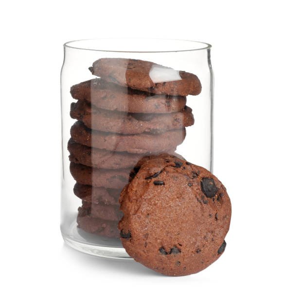 istock Jar of chocolate chip cookies on white background 1453278964