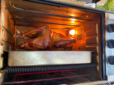 Stock photo showing a whole turkey that has been placed in an oven after basting. The turkey has been stuffed with whole lemons and rosemary and is covered with slices of bacon.