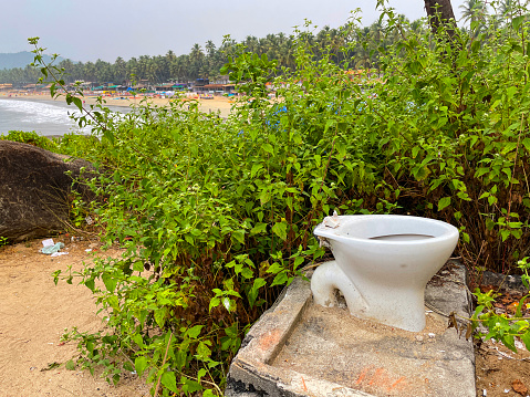 Photo showing a white ceramic toilet pan that has been dumped onto a tropical beach (Palolem Beach, Goa, India, South Asia) as part of a rubbish dump for recycling waste, and not an outside bathroom / washroom / WC. This toilet is hidden from view behind lush tropical plants and sits beneath tall palm trees.