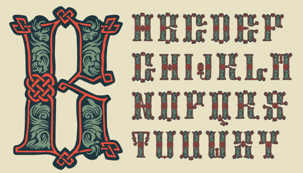 Alphabet set in medieval knots lines style. Dim colored drop cap. Engraved barbarian emblem. Vintage illuminated initials. Perfect for vintage premium identity, Celtic posters, luxury packaging. celtic cross stock illustrations