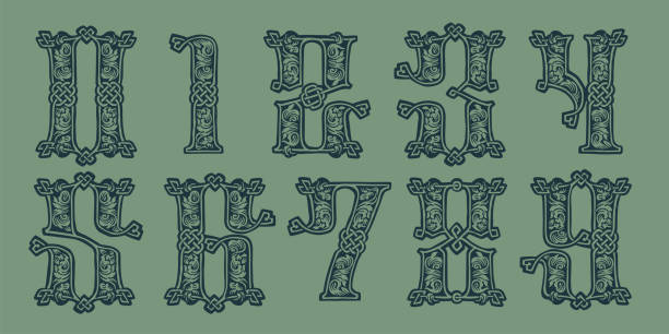 Numbers set in medieval knots lines style. Dim colored drop cap. Engraved barbarian emblem. Vintage illuminated initials. Perfect for vintage premium identity, Celtic posters, luxury packaging. 4 letter monogram stock illustrations