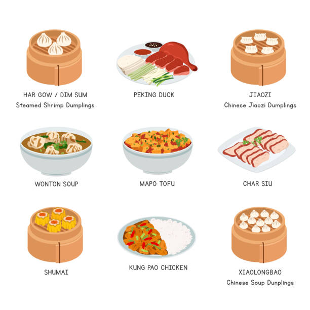 ilustrações de stock, clip art, desenhos animados e ícones de chinese food vector set. famous dishes in china flat vector illustration, clipart cartoon. peking duck, dumplings, char siu, kung pao chicken. asian food. chinese cuisine. chinese foods vector design - chef appetizer soup food