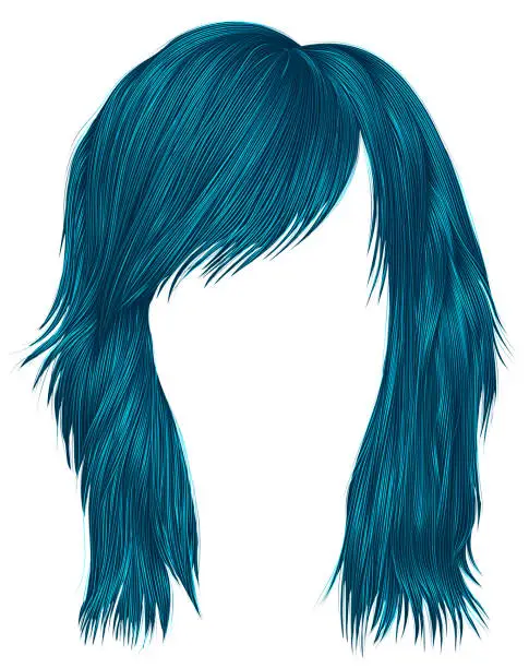 Vector illustration of trendy  woman  hairs blue color . medium length . beauty style . realistic  3d .