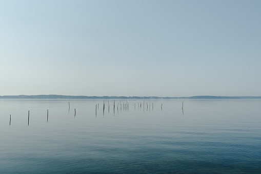 The beautiful seascape from Gendarmstien with slender wood sticks in the water in Denmark, Grasten