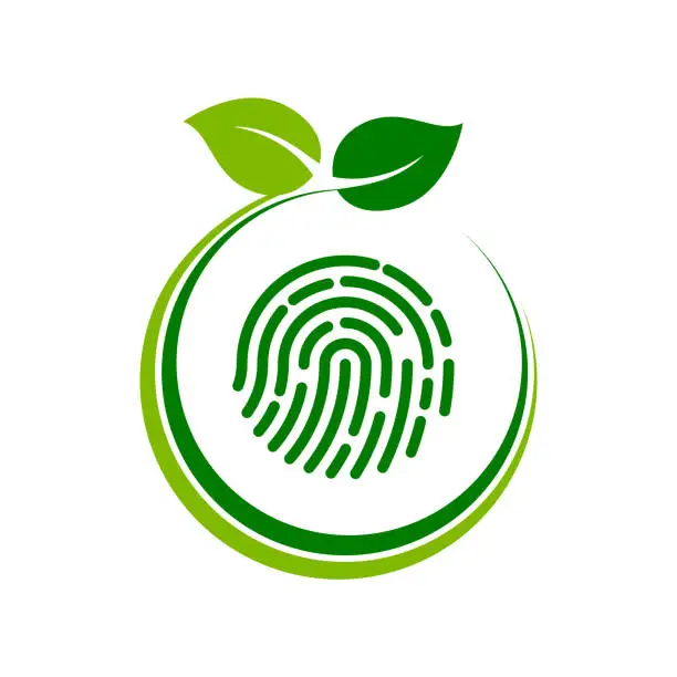 Vector illustration of Carbon footprint idea. Green thumb concept. Fingerprint inside circle with leaves.