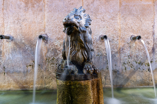 Rome, Italy - December 18, 2023:  Fountain of the Lions by Valadier made 1823 in Piazza del Popolo.