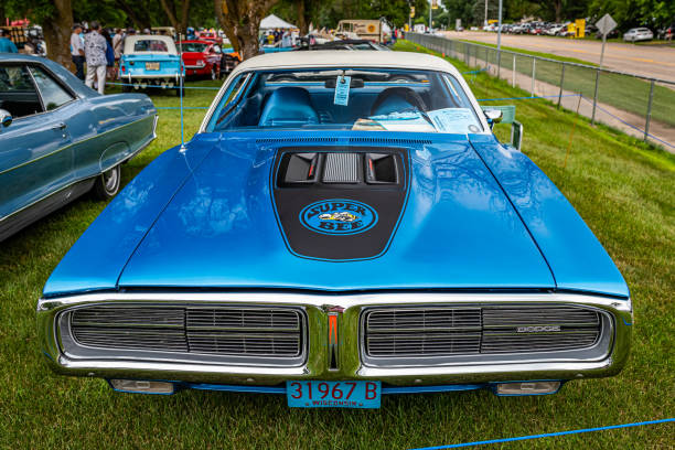 1971 Dodge Charger Super Bee Iola, WI - July 07, 2022: High perspective front view of a 1971 Dodge Charger Super Bee at a local car show. 1971 stock pictures, royalty-free photos & images